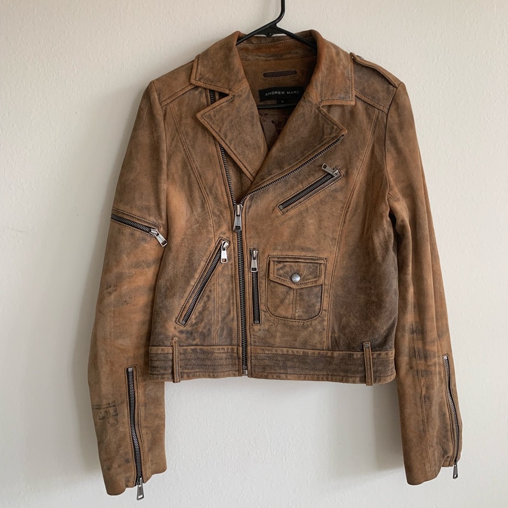 Andrew Marc Brown Leather Distressed Moto Jacket